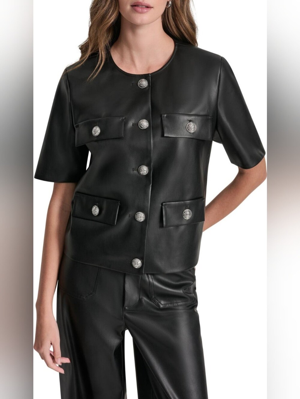 DKNY Black Faux Leather Short-Sleeve Button Jacket